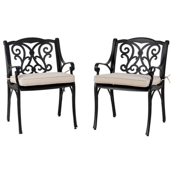 Set of 2 Patio Dining Chair, Olefin Cushioned Seat & Scrolled Backrest, Beige
