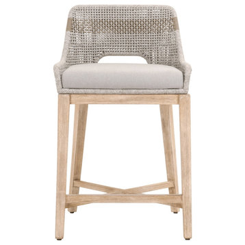 Rope Woven Natural Beige Counter Stool Gray Mahogany Wood, All Weather Cushion