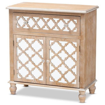Baxton Studio Leah Oak Brown Finished Wood and Mirrored 1-Drawer Storage Cabinet