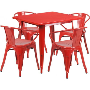 31.5'' Square Red Metal Indoor-Outdoor Table Set With 4 Arm Chairs
