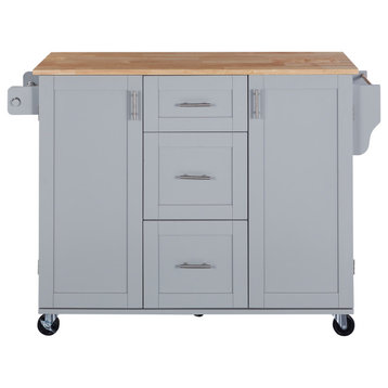 Rubberwood Kitchen Cart, ISpice Rack, 2 Slide-Out Shelf, and 3 drawer, Grey Blue