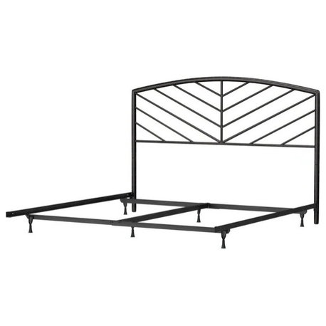Modern Gray Bronze Metal Bed Frame with Herringbone Headboard, King