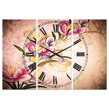 Vector Purple Flowers Traditional 3 Panels Metal Clock