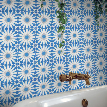 8"x8" Alhambra Handmade Cement Tile, Blue/White/Gray, Set of 12
