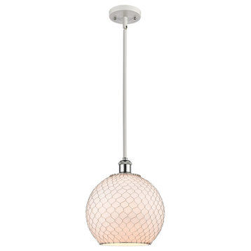 Farmhouse 1-Light Pendant, White and Chrome, White Glass With Nickel Wire