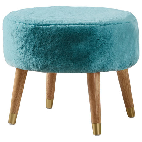 Solid Heavy Faux Fur Oval Ottoman, Blue Turquoise