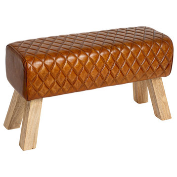 Brown Stitched Leather and Wood Bench, Brown
