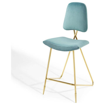 Modern Bar Stool, Golden Metal Frame With Comfortable Velvet Seat, Sea Blue