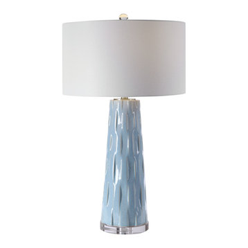 Luxe Light Powder Blue Graphic Textured Table Lamp White Shade