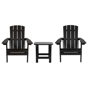 All-Weather Poly Resin Wood Adirondack Chairs With Side Table, Set of 2, Black