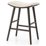 Zin Home - Saddle Mid-Century Oak Counter Stool - Slim styling meets color contrast for effortless impact. Light carbon-finished oak framing supports a saddle-style seat of natural-toned upholstery. Our Saddle Mid-Century Oak Counter Stools gives a fresh spin on any dining room or kitchen.
