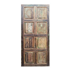 Vintage Rustic Barn Doors, Hand Carved Distressed Brown Green Sliding DOOR Panel
