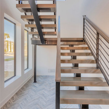 Floating Wood Staircase with Steel Railings
