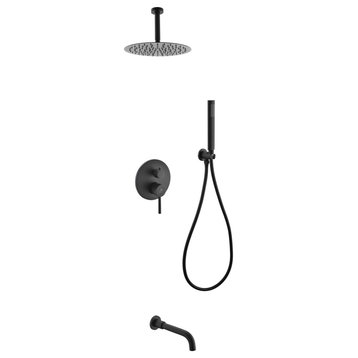 Rondo Matte Black Shower Set w/ 8" Ceiling Mount Shower, Handheld, Tub Filler
