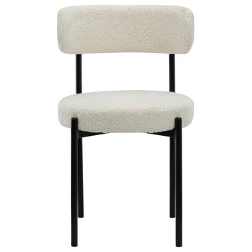 Boucle Fabric Dining Chair, Set of 2, Cream, Matte Black Finish, Boucle Fabric