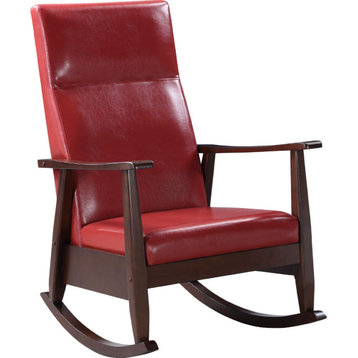 Benzara BM269200 Rocking Chair With Leatherette Seating and Wooden Frame, Red