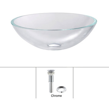 Crystal Clear 16 1/2" Glass Vessel Bathroom Sink, Drain, Mounting Ring, Chrome