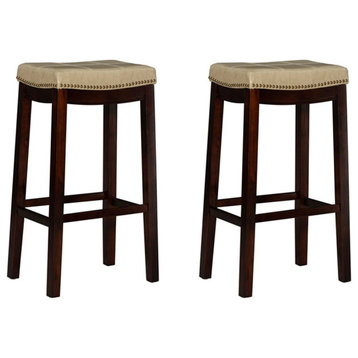 Linon Claridge Wood Set of 2 Bar Stools Beige Faux Leather Seats in Brown Finish