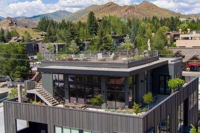 Large transitional gray two-story metal exterior home photo in Other with a mixed material roof