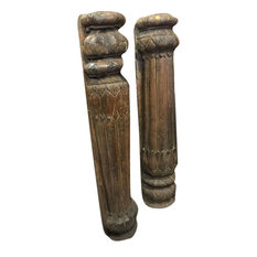Mogul Interior - Consigned Antique Rustic Teak Pillars, Set of 2 - Columns And Capitals