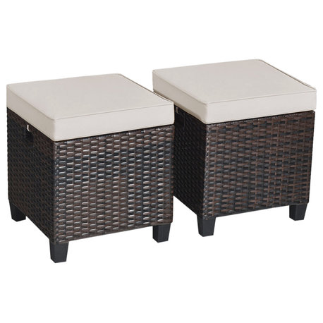 Costway 2PCS Patio Rattan Ottoman Cushioned Seat Foot Rest Coffee Table