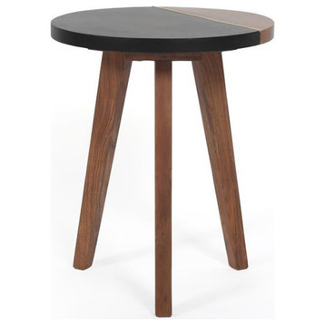 Caspian Slate/Natural Matte Finish Round Accent End Table with Brown wood detail