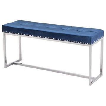Modern Accent Bench, Metal Base With Padded Velvet Seat & Nailhead Trim, Blue
