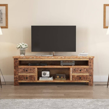 Britain Handcrafted Rustic Teak Wood 4 Drawer TV Media Console
