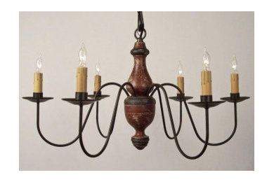 6-arm Woodspun Chestnut Chandelier in a Barn Red Primitive Finish