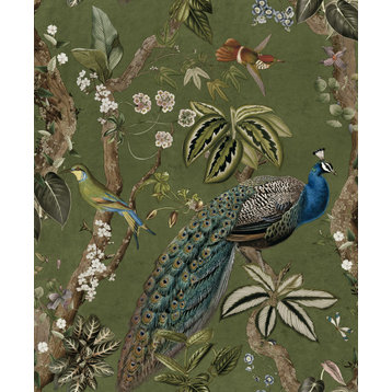 Climbing Peacock & Climbing Florals Printed Tropical Wallpaper, Green, Sample