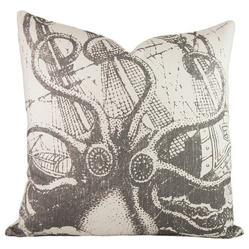 Octopus With Ship Burlap Pillow, Charcoal