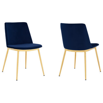 Messina Blue Velvet and Gold Metal Leg Dining Room Chairs, Set of 2