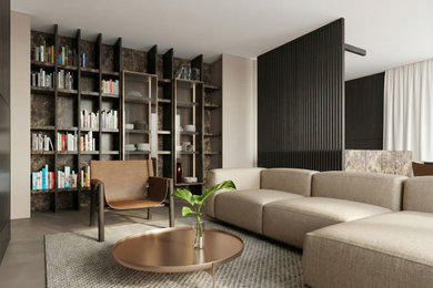 Esempio di un grande soggiorno contemporaneo aperto con libreria, pareti beige, pavimento in cemento, nessun camino, cornice del camino in legno, TV a parete, pavimento marrone, boiserie e tappeto