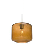 Besa Lighting - Besa Lighting 1JT-NILES10AM-SN Niles 10 - One Light Pendant with Flat Canopy - The Niles Amber Pendant is composed of a broad transparent amber glass cylinder, with an interesting bubble pattern blown randomly throughout the glass and exposed light source. The pleasing play of light through the bubble accents make for a striking affect, along with the popular theme of this transitionally designed pendant. The cord pendant fixture is equipped with a 10' SVT cordset and an low profile flat monopoint canopy. These stylish and functional luminaries are offered in a beautiful brushed Bronze finish.  No. of Rods: 4  Canopy Included: TRUE  Shade Included: TRUE  Cord Length: 120.00  Canopy Diameter: 5 x 5 x 0 Rod Length(s): 18.00Niles 10 One Light Pendant with Flat Canopy Amber Bubble GlassUL: Suitable for damp locations, *Energy Star Qualified: n/a  *ADA Certified: n/a  *Number of Lights: Lamp: 1-*Wattage:60w T10 Medium Base bulb(s) *Bulb Included:No *Bulb Type:T10 Medium Base *Finish Type:Bronze
