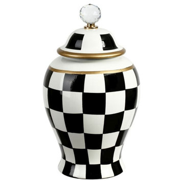 Mark Roberts Spring 2022 Checkered Urn with Lid, Medium, 13", Black/White