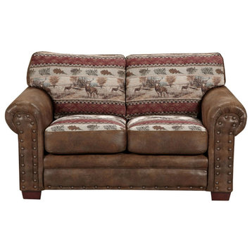 Unique Loveseat, Microfiber Upholstery With Deer Valley Motif & Nailhead Accents