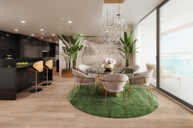 Large trendy light wood floor kitchen/dining room combo photo in Other with white walls and no fireplace