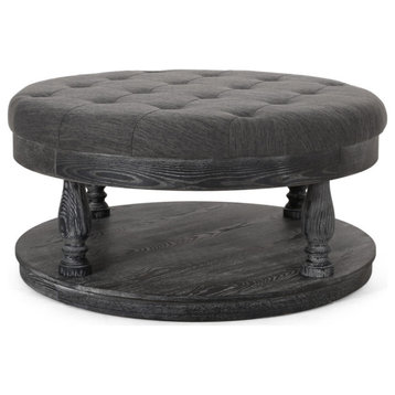 Mineola Contemporary Upholstered Round Ottoman, Charcoal/Gray, Fabric