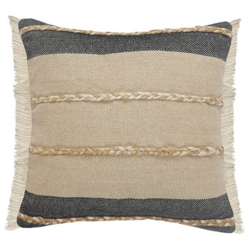 Atlantis Black and Taupe Throw Pillow with Jute Braiding and Fringe, 20" X 20"