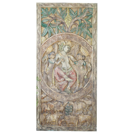 Consigned Vintage Wood Carved Panel Door Krishna Wall Art Sliding Door 72