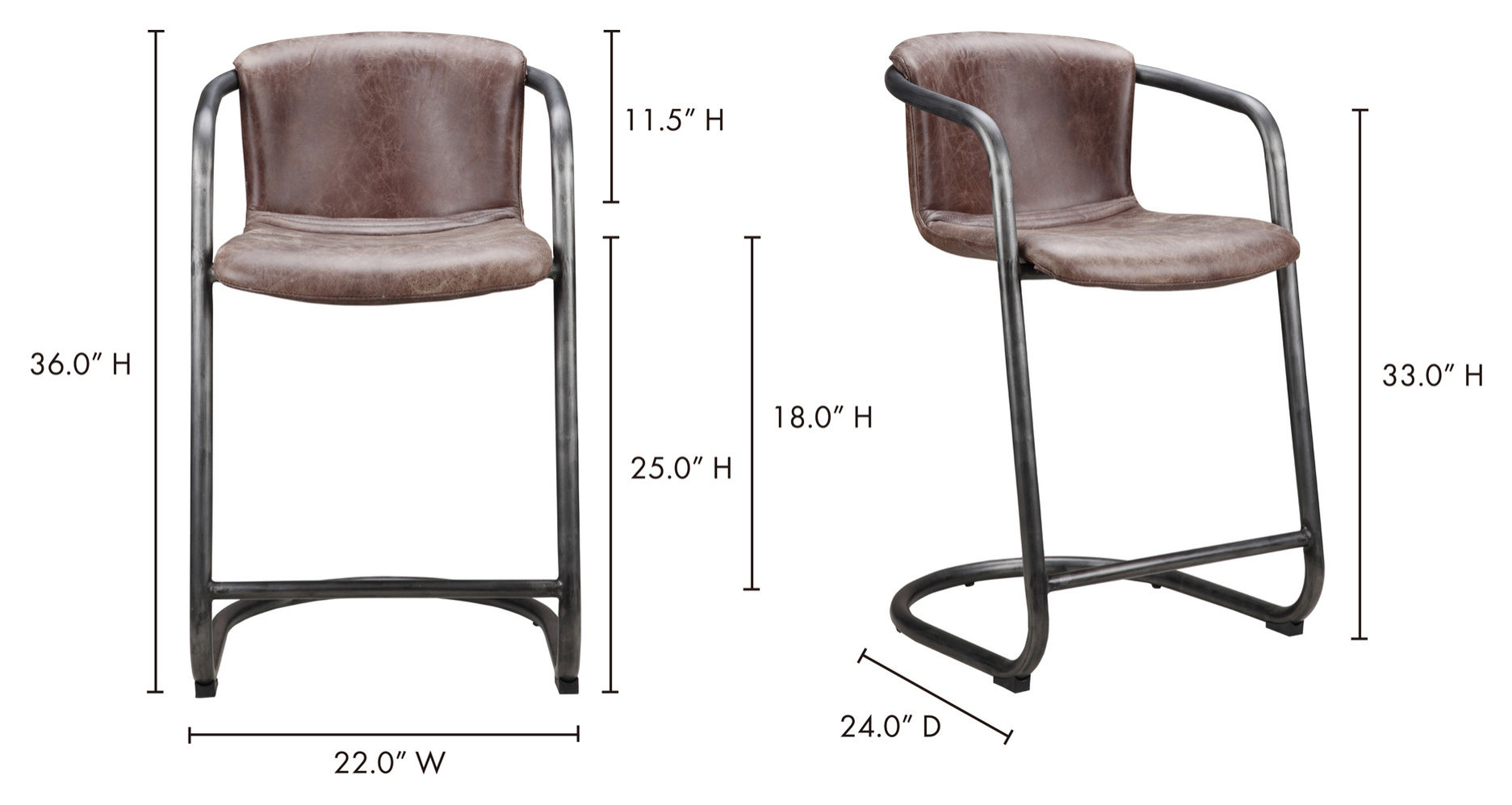 22 Inch Counter Stool Grazed Brown Leather (Set of 2) Brown Industrial ...