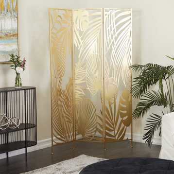 Classic Room Divider, Metal Frame With 3 Panels & Botanical Pattern, Gold