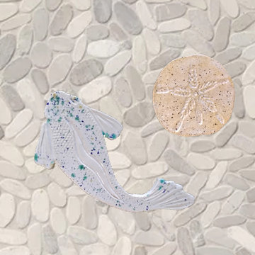 Tropical fish and sand dollar mosaic tiles on a gray / cream / taupe sliced pebb