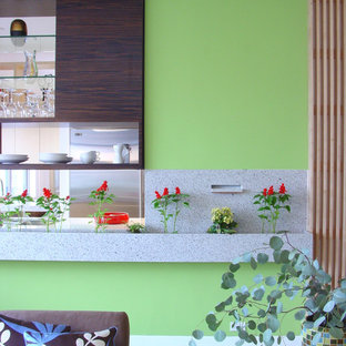 Imagen de cocina minimalista, cerrada, con armarios abiertos