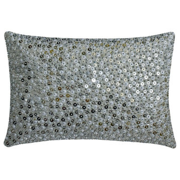 Silver Jacquard 12"x16" Lumbar Pillow Cover Sequins Beaded and Lurex Fizza