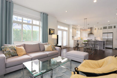 Mid-sized elegant formal and enclosed dark wood floor and brown floor living room photo in Vancouver with gray walls, a standard fireplace, a stone fireplace and no tv