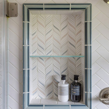 Country Chic Walk In Shower With Traditional Hardware and Ceramic Tile Niche