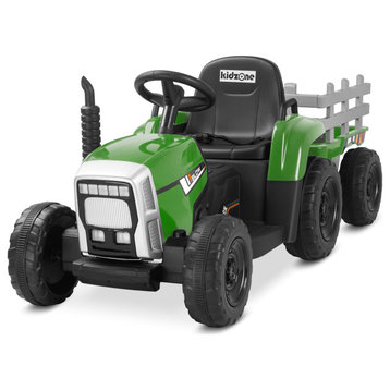 Kidzone 12V Kids Electric Tractor W/ Trailer Ride On, Dark Green