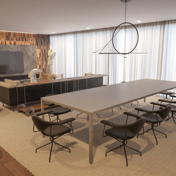 Oeiras dining room render with stone table, pendant and olive tree
