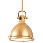 Hudson Valley Lighting - Pelham 1-Light Pendant, Aged Brass, 14" - Inspired by vintage utility lighting, the Pelham One Pendant Light features a bell-shaped shade with an aged brass finish. Cast metal tension clips hold a circular etched glass diffuser in place to produce a soft, ambient glow. Suspend multiple pendants above a kitchen counter or table for a subtle, industrial vibe.